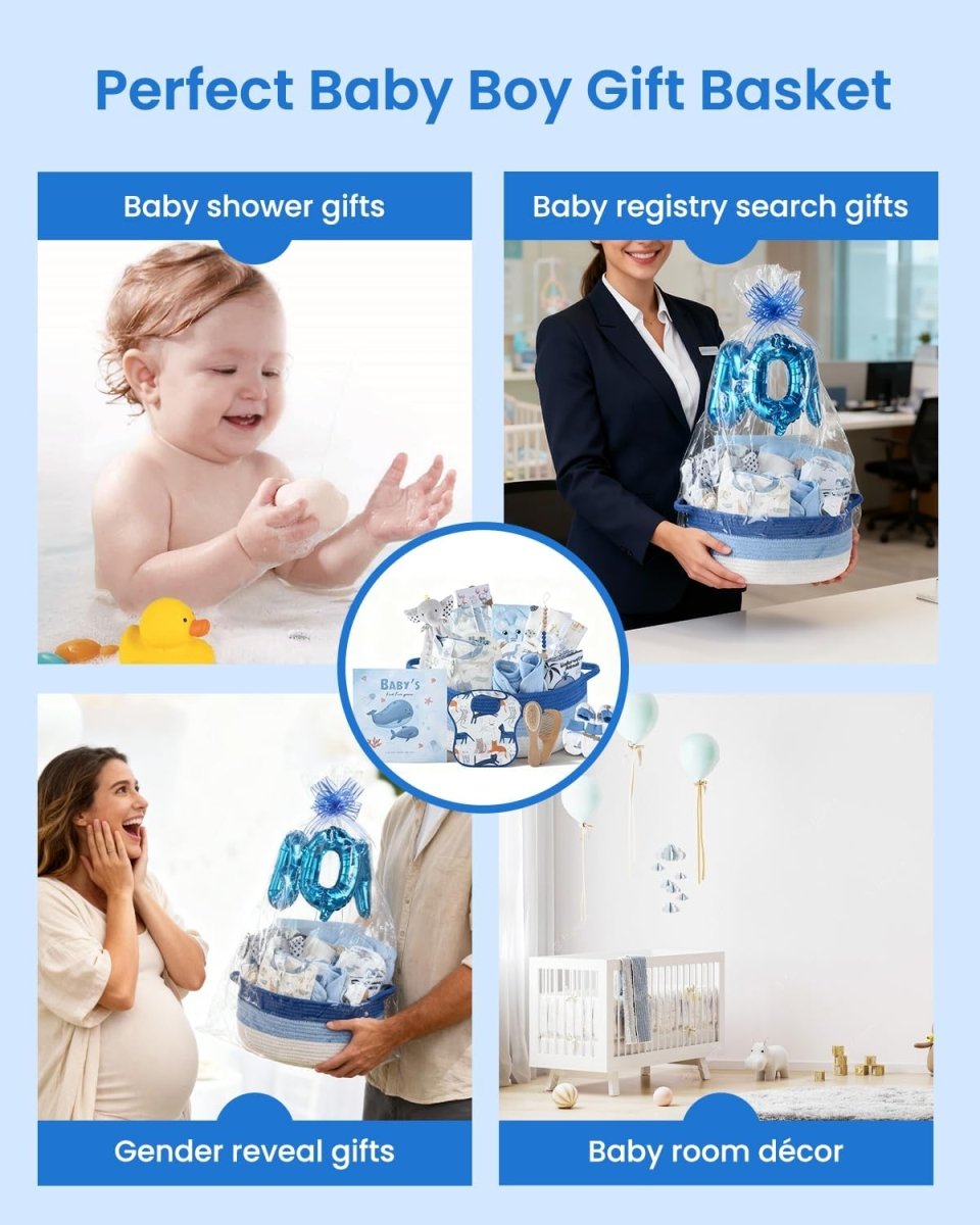 25 - Pcs Luxury Baby Boy Gift Basket Set, Blue (0 - 12M Newborn) | Premium Baby Shower Gifts with Keepsake Memory Book. Ultimate Newborn Essentials in Woven Basket for Unforgettable Welcome Mom Gift - LittleTreasures