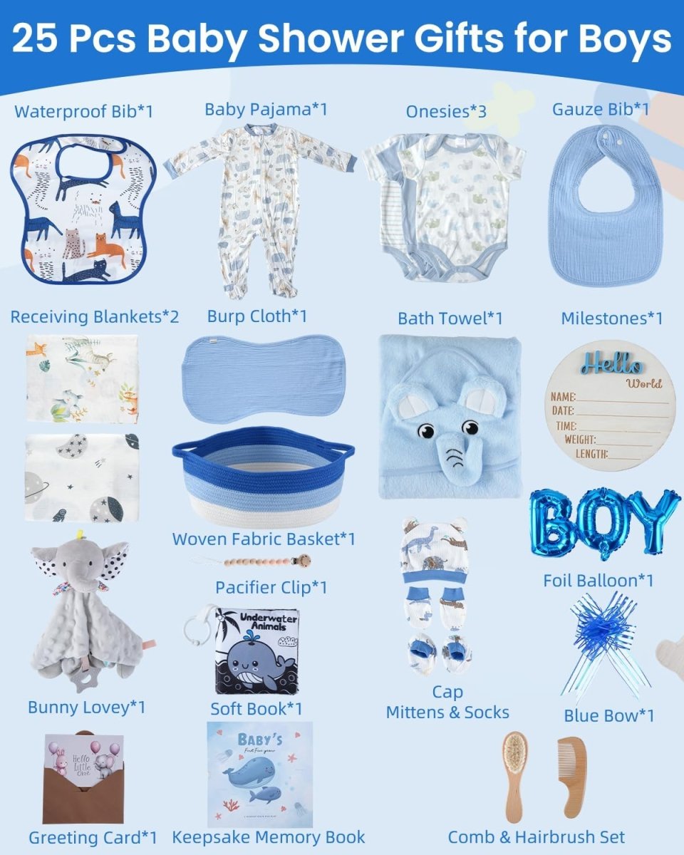 25 - Pcs Luxury Baby Boy Gift Basket Set, Blue (0 - 12M Newborn) | Premium Baby Shower Gifts with Keepsake Memory Book. Ultimate Newborn Essentials in Woven Basket for Unforgettable Welcome Mom Gift - LittleTreasures