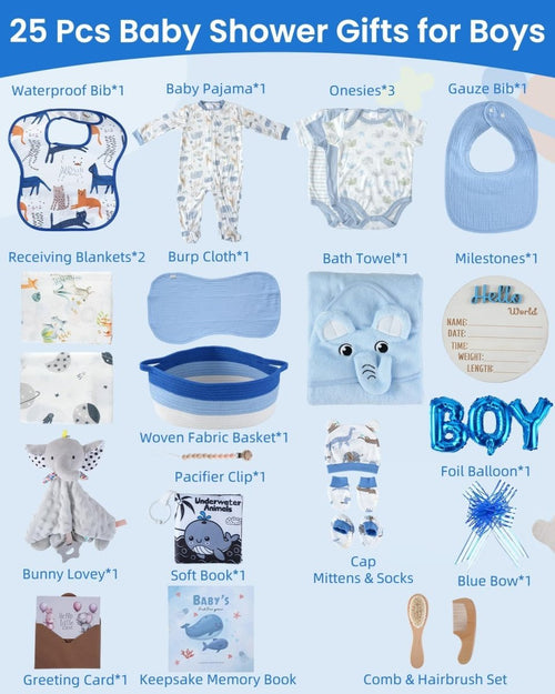 25 - Pcs Luxury Baby Boy Gift Basket Set, Blue (0 - 12M Newborn) | Premium Baby Shower Gifts with Keepsake Memory Book. Ultimate Newborn Essentials in Woven Basket for Unforgettable Welcome Mom Gift - LittleTreasures