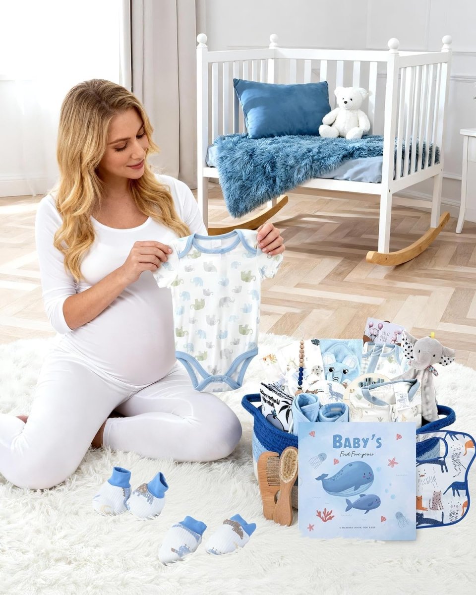 25 - Pcs Luxury Baby Boy Gift Basket Set, Blue (0 - 12M Newborn) | Premium Baby Shower Gifts with Keepsake Memory Book. Ultimate Newborn Essentials in Woven Basket for Unforgettable Welcome Mom Gift - LittleTreasures
