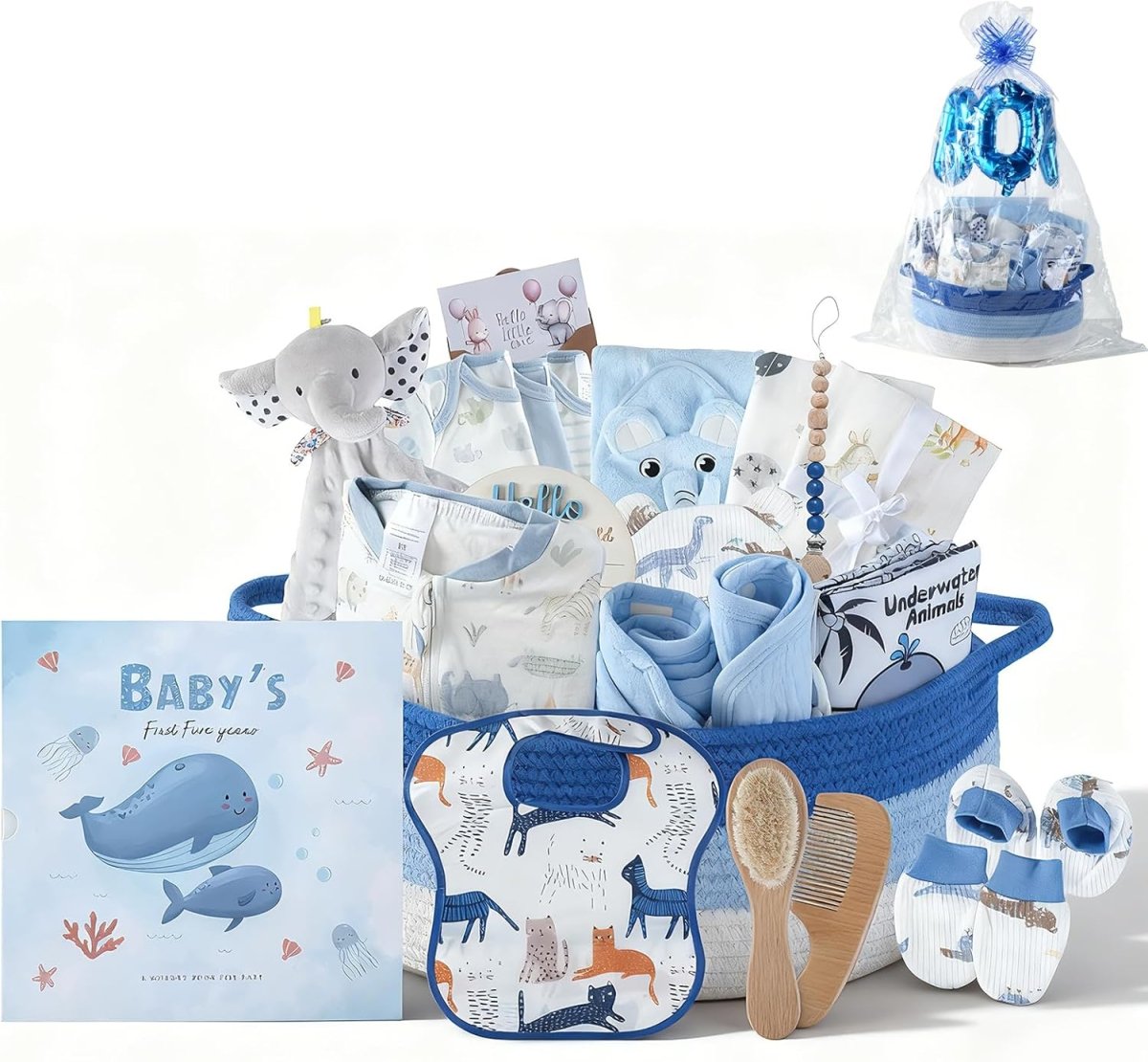 25 - Pcs Luxury Baby Boy Gift Basket Set, Blue (0 - 12M Newborn) | Premium Baby Shower Gifts with Keepsake Memory Book. Ultimate Newborn Essentials in Woven Basket for Unforgettable Welcome Mom Gift - LittleTreasures