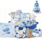 25 - Pcs Luxury Baby Boy Gift Basket Set, Blue (0 - 12M Newborn) | Premium Baby Shower Gifts with Keepsake Memory Book. Ultimate Newborn Essentials in Woven Basket for Unforgettable Welcome Mom Gift - LittleTreasures
