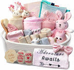 27 - Piece Baby Girl Shower Gift Basket Set - Newborn Essentials, Large Pink Gift Basket With Rattle, Swaddle, Diaper Caddy Organizer - LittleTreasures