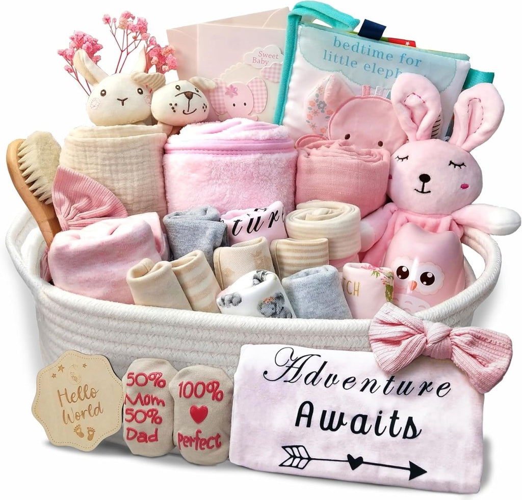 27 - Piece Baby Girl Shower Gift Basket Set - Newborn Essentials, Large Pink Gift Basket With Rattle, Swaddle, Diaper Caddy Organizer - LittleTreasures