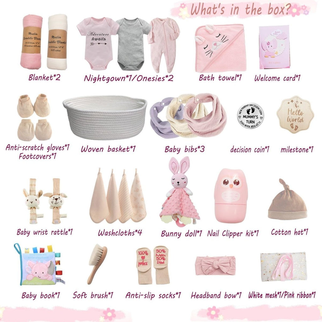 27 - Piece Baby Girl Shower Gift Basket Set - Newborn Essentials, Large Pink Gift Basket With Rattle, Swaddle, Diaper Caddy Organizer - LittleTreasures