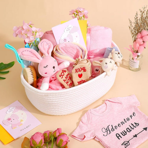 27 - Piece Baby Girl Shower Gift Basket Set - Newborn Essentials, Large Pink Gift Basket With Rattle, Swaddle, Diaper Caddy Organizer - LittleTreasures