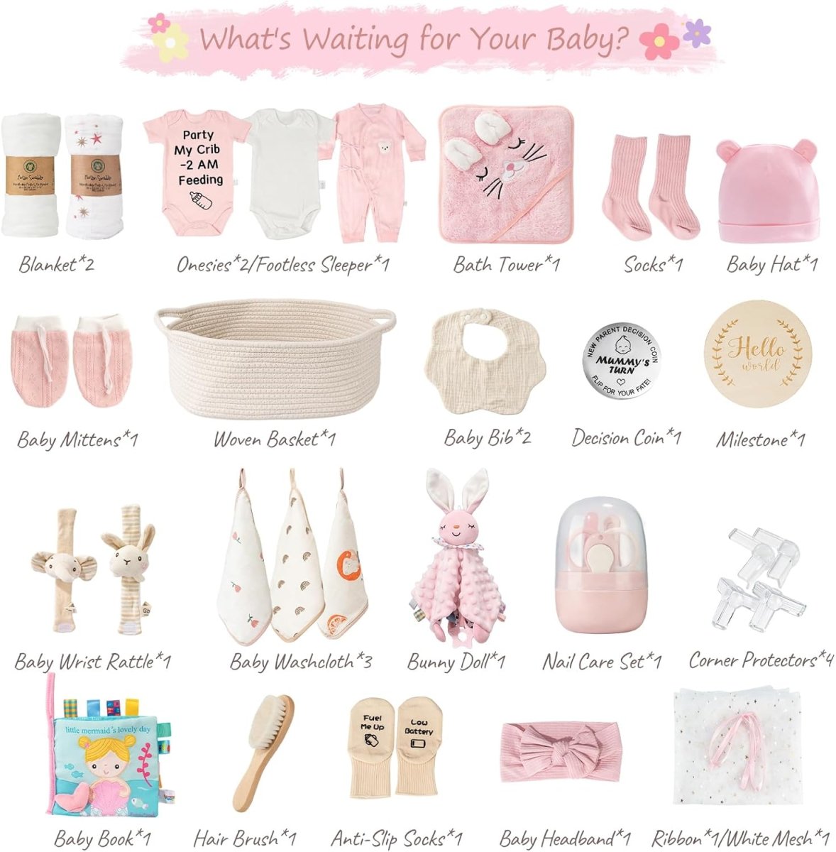 28 - Piece Baby Shower Gifts for Girls, Baby Essentials for Newborn, Large Baby Girl Gift Basket, Gender Reveal Gifts, Baby Registry Search, Diaper Caddy Organizer (Pink) - LittleTreasures