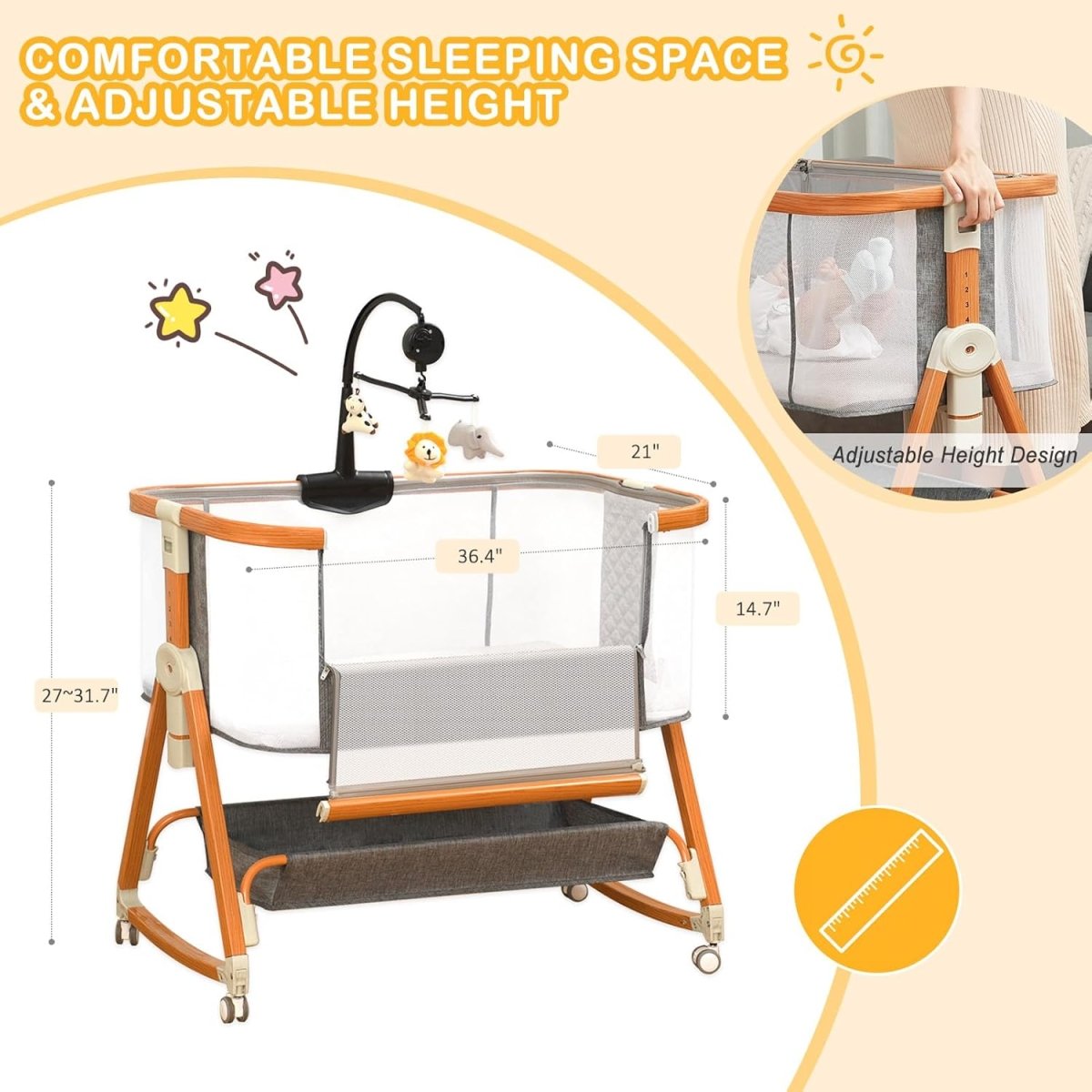 3 in 1 Bassinet,Baby Bassinets Bedside Sleeper with Musical Toy,Adjustable Height Bedside Bassinet for Baby with Wheels and Storage Basket,4 - Sided Mesh Bedside Crib for Newborn 0 - 6 Months (Grey) - LittleTreasures