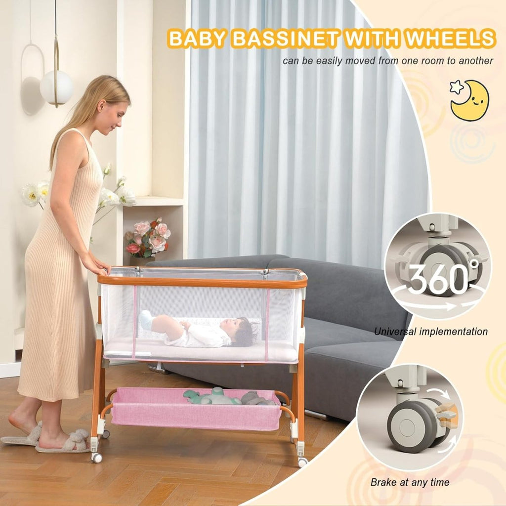 3 in 1 Bassinet,Baby Bassinets Bedside Sleeper with Musical Toy,Adjustable Height Bedside Bassinet for Baby with Wheels and Storage Basket,4 - Sided Mesh Bedside Crib for Newborn 0 - 6 Months (Grey) - LittleTreasures