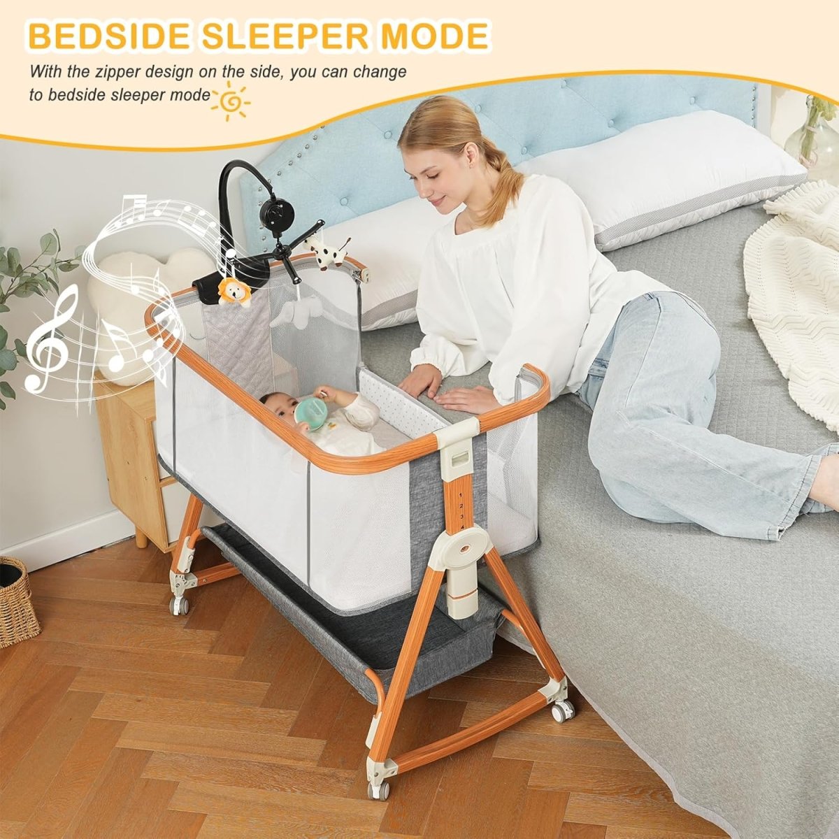 3 in 1 Bassinet,Baby Bassinets Bedside Sleeper with Musical Toy,Adjustable Height Bedside Bassinet for Baby with Wheels and Storage Basket,4 - Sided Mesh Bedside Crib for Newborn 0 - 6 Months (Grey) - LittleTreasures