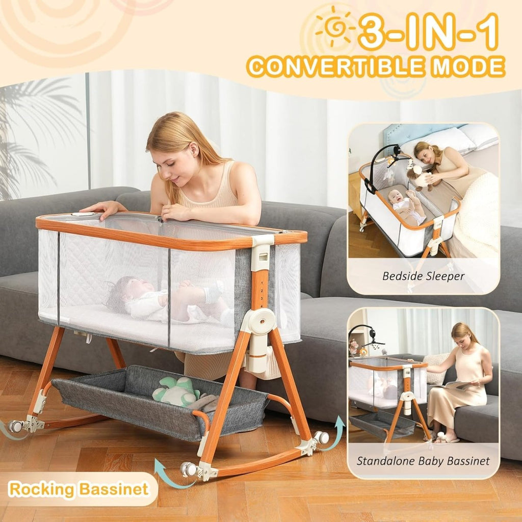 3 in 1 Bassinet,Baby Bassinets Bedside Sleeper with Musical Toy,Adjustable Height Bedside Bassinet for Baby with Wheels and Storage Basket,4 - Sided Mesh Bedside Crib for Newborn 0 - 6 Months (Grey) - LittleTreasures