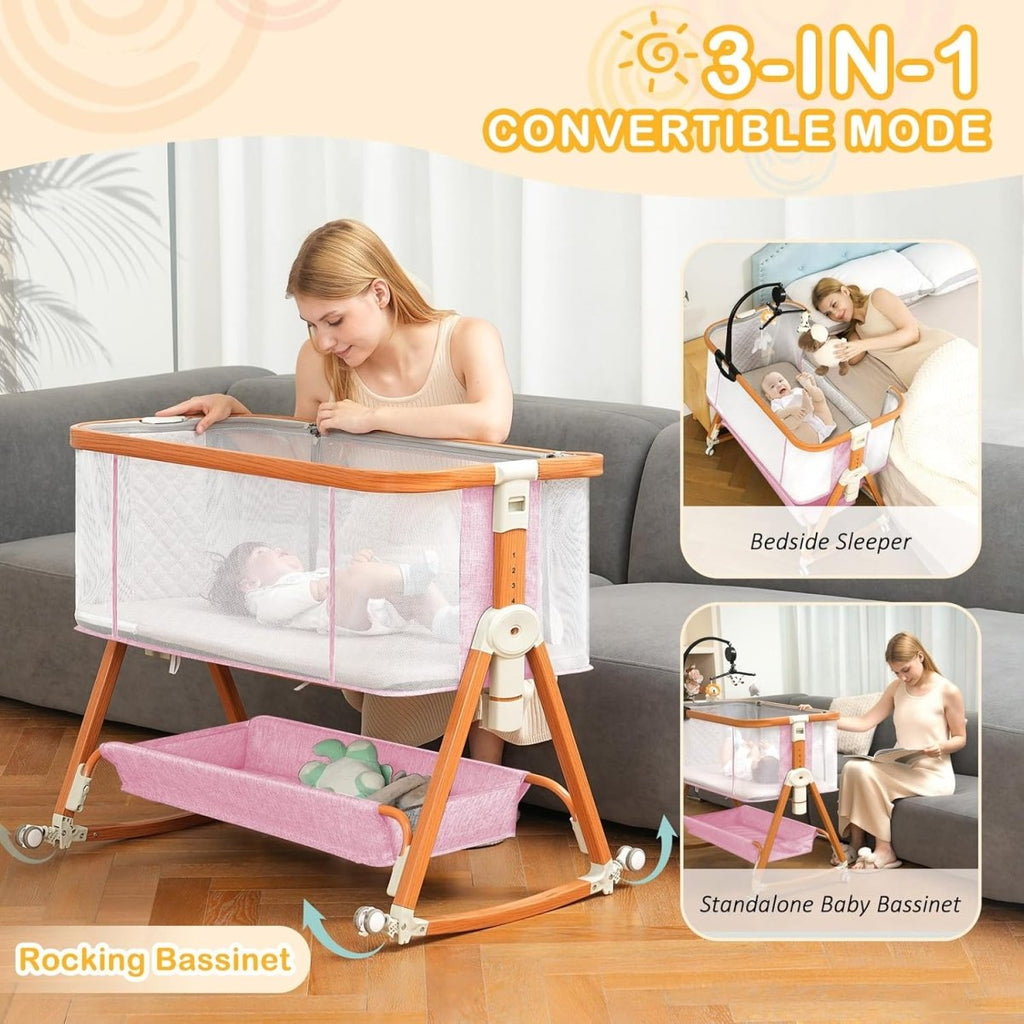 3 in 1 Bassinet,Baby Bassinets Bedside Sleeper with Musical Toy,Adjustable Height Bedside Bassinet for Baby with Wheels and Storage Basket,4 - Sided Mesh Bedside Crib for Newborn 0 - 6 Months (Grey) - LittleTreasures
