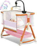3 in 1 Bassinet,Baby Bassinets Bedside Sleeper with Musical Toy,Adjustable Height Bedside Bassinet for Baby with Wheels and Storage Basket,4 - Sided Mesh Bedside Crib for Newborn 0 - 6 Months (Grey) - LittleTreasures
