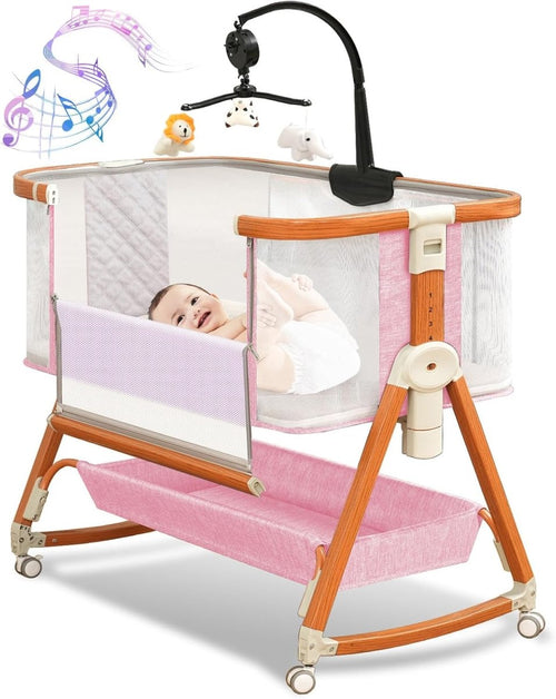 3 in 1 Bassinet,Baby Bassinets Bedside Sleeper with Musical Toy,Adjustable Height Bedside Bassinet for Baby with Wheels and Storage Basket,4 - Sided Mesh Bedside Crib for Newborn 0 - 6 Months (Grey) - LittleTreasures