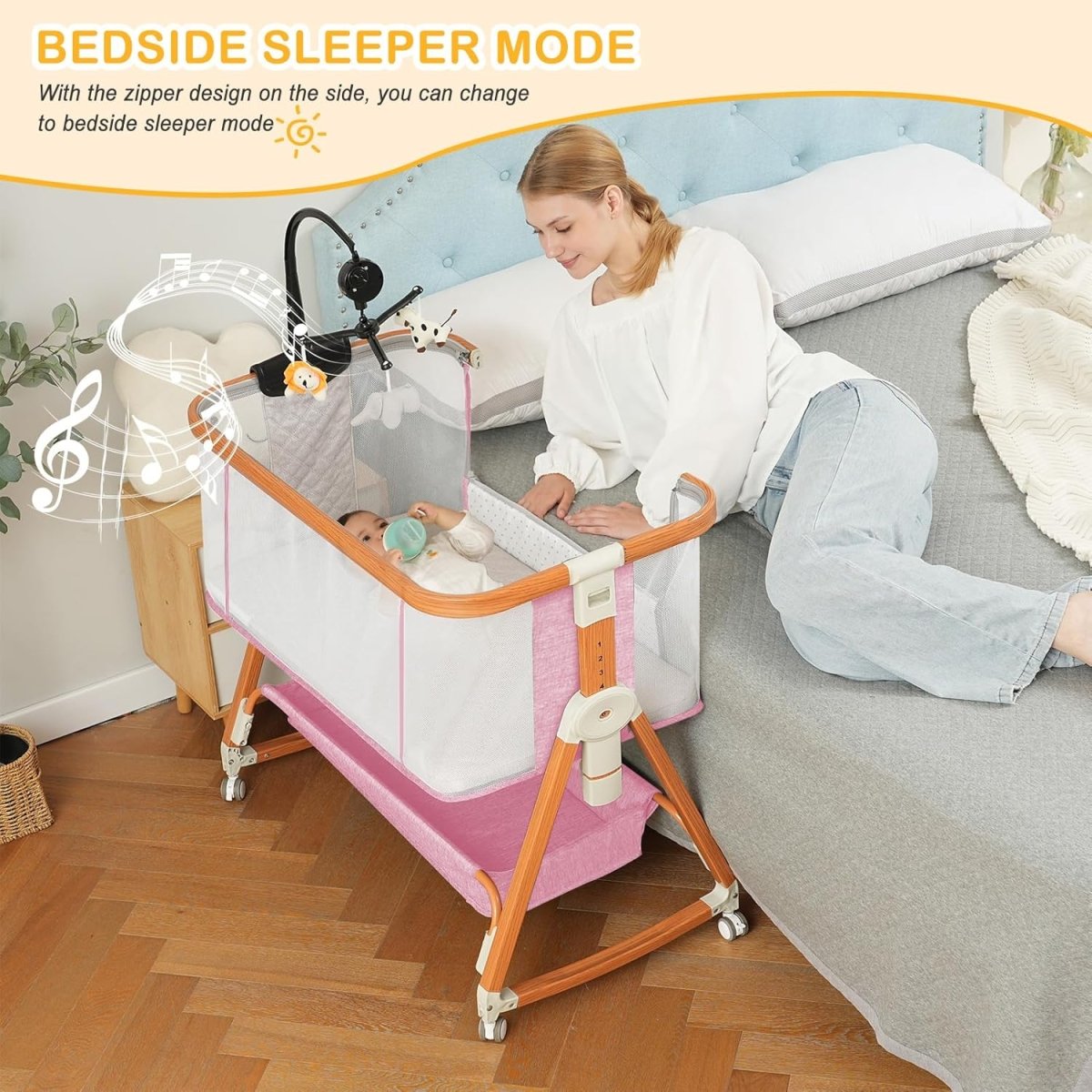 3 in 1 Bassinet,Baby Bassinets Bedside Sleeper with Musical Toy,Adjustable Height Bedside Bassinet for Baby with Wheels and Storage Basket,4 - Sided Mesh Bedside Crib for Newborn 0 - 6 Months (Grey) - LittleTreasures