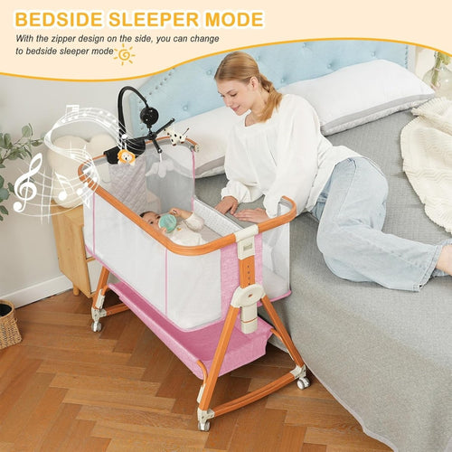 3 in 1 Bassinet,Baby Bassinets Bedside Sleeper with Musical Toy,Adjustable Height Bedside Bassinet for Baby with Wheels and Storage Basket,4 - Sided Mesh Bedside Crib for Newborn 0 - 6 Months (Grey) - LittleTreasures