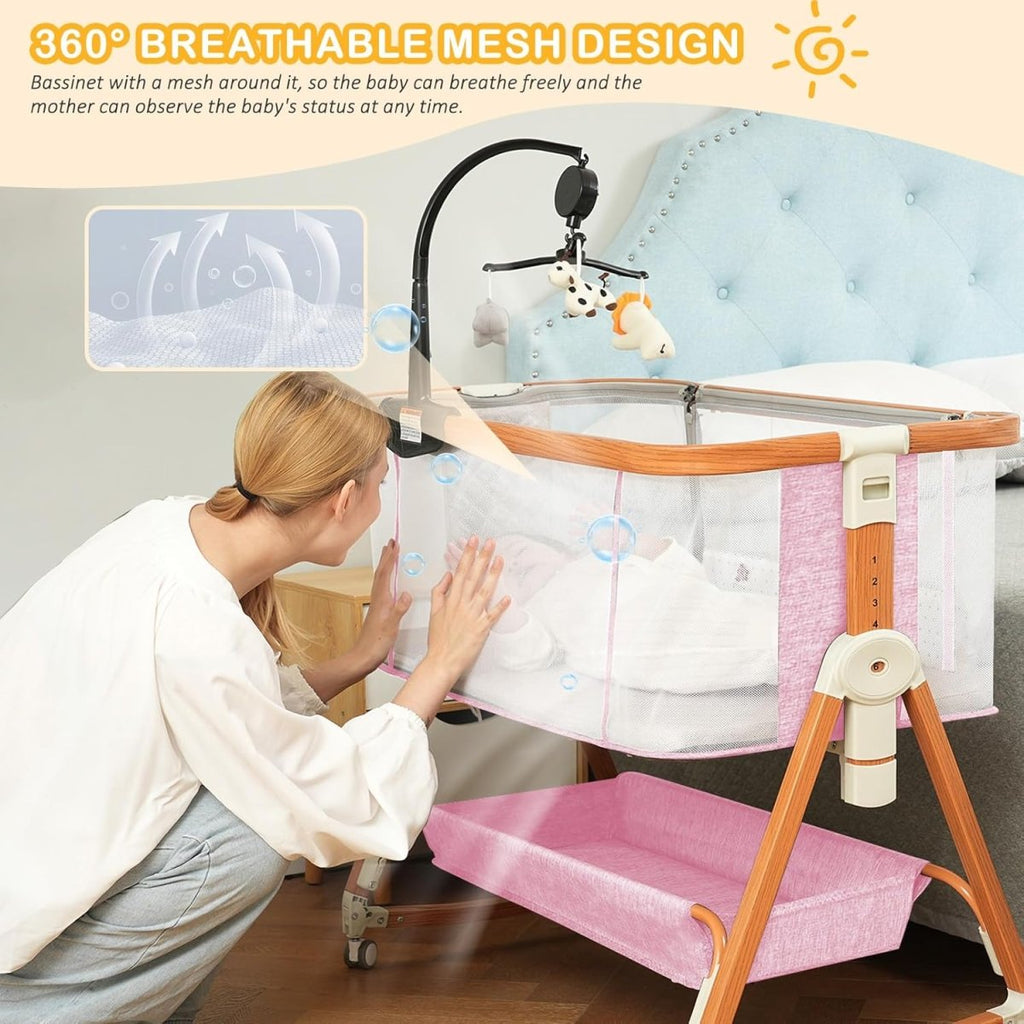 3 in 1 Bassinet,Baby Bassinets Bedside Sleeper with Musical Toy,Adjustable Height Bedside Bassinet for Baby with Wheels and Storage Basket,4 - Sided Mesh Bedside Crib for Newborn 0 - 6 Months (Grey) - LittleTreasures