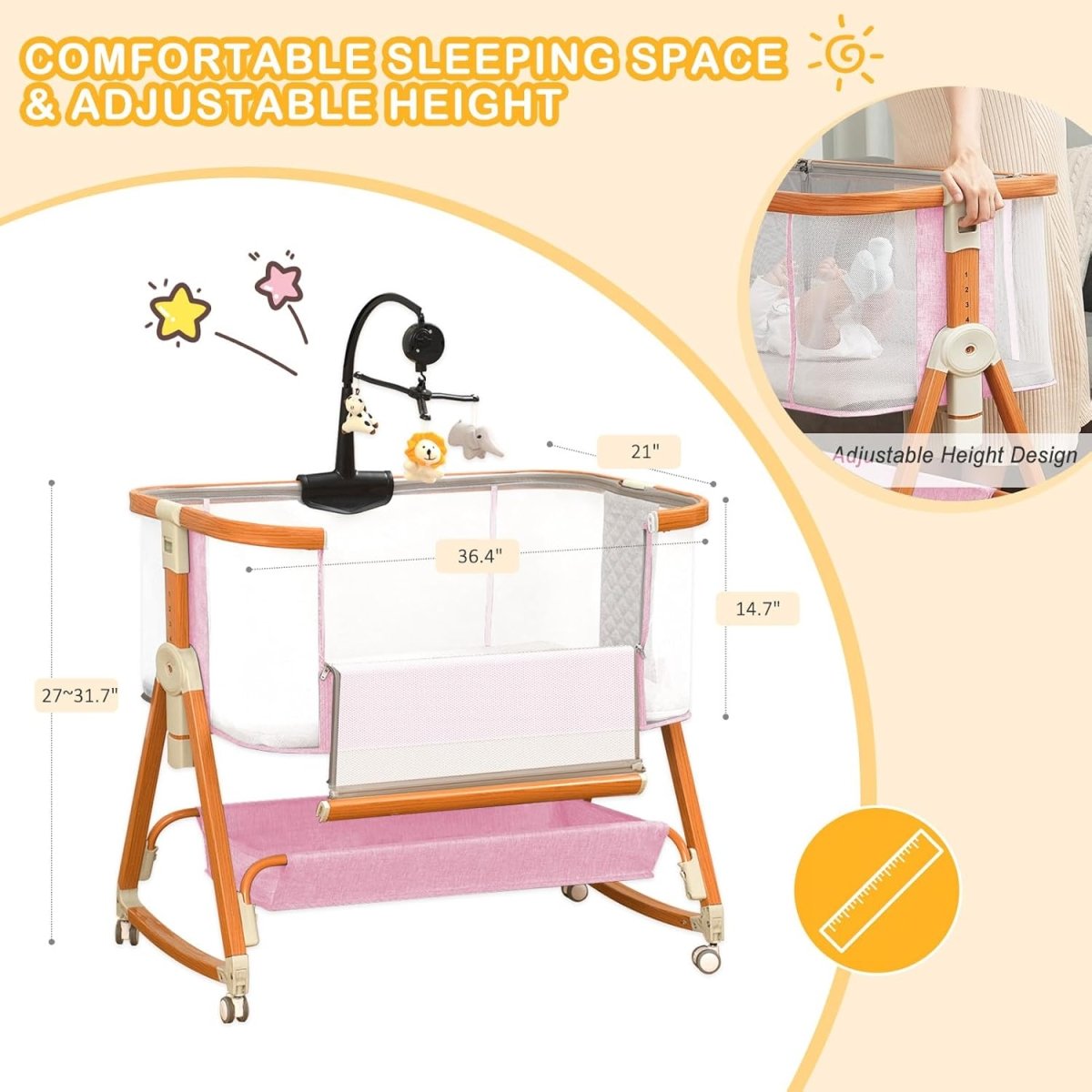 3 in 1 Bassinet,Baby Bassinets Bedside Sleeper with Musical Toy,Adjustable Height Bedside Bassinet for Baby with Wheels and Storage Basket,4 - Sided Mesh Bedside Crib for Newborn 0 - 6 Months (Grey) - LittleTreasures