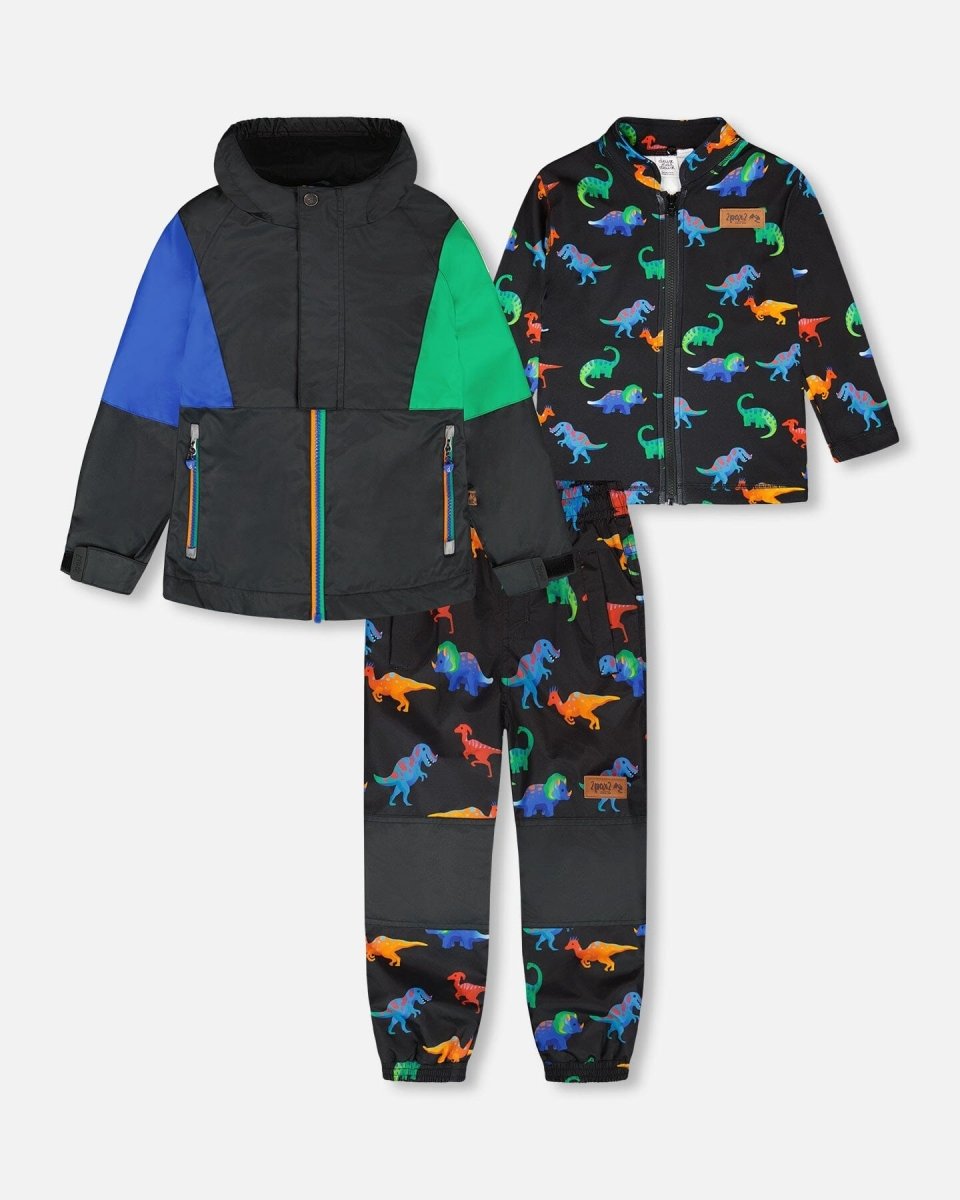 3 - In - 1 Two - Piece Mid - Season Outerwear Set Black Dinosaur Print - LittleTreasures