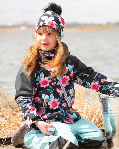 3 - In - 1 Two - Piece Mid - Season Outerwear Set Black Printed Flowers - Black Inner Jacket - LittleTreasures