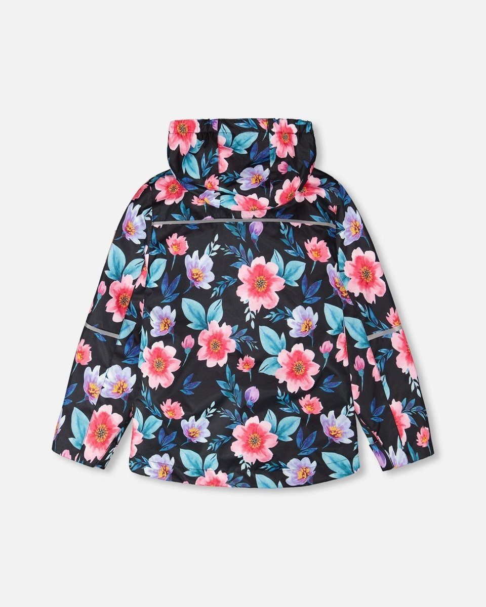 3 - In - 1 Two - Piece Mid - Season Outerwear Set Black Printed Flowers - Pink Inner Jacket - LittleTreasures