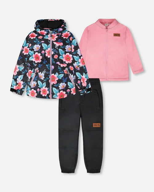 3 - In - 1 Two - Piece Mid - Season Outerwear Set Black Printed Flowers - Pink Inner Jacket - LittleTreasures