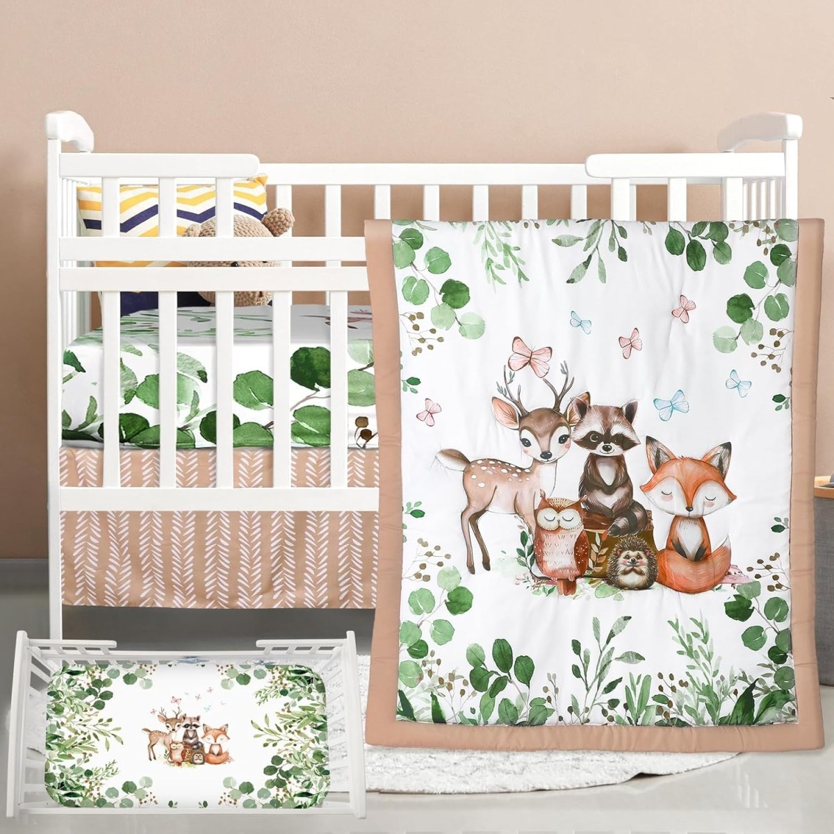 3 Pcs Baby Crib Bedding Set Safari Animals Dinosaurs Bear Woodland Animals Jungle Crib Set Includes Quilt, Fitted Sheet, Skirt for Baby Boy Girl(Brown,Teddy Bear) - LittleTreasures