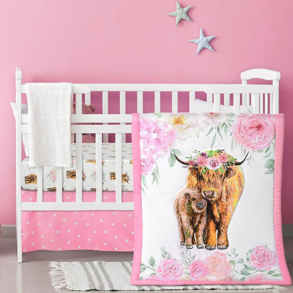3 Pcs Baby Crib Bedding Set Safari Animals Dinosaurs Bear Woodland Animals Jungle Crib Set Includes Quilt, Fitted Sheet, Skirt for Baby Boy Girl(Brown,Teddy Bear) - LittleTreasures