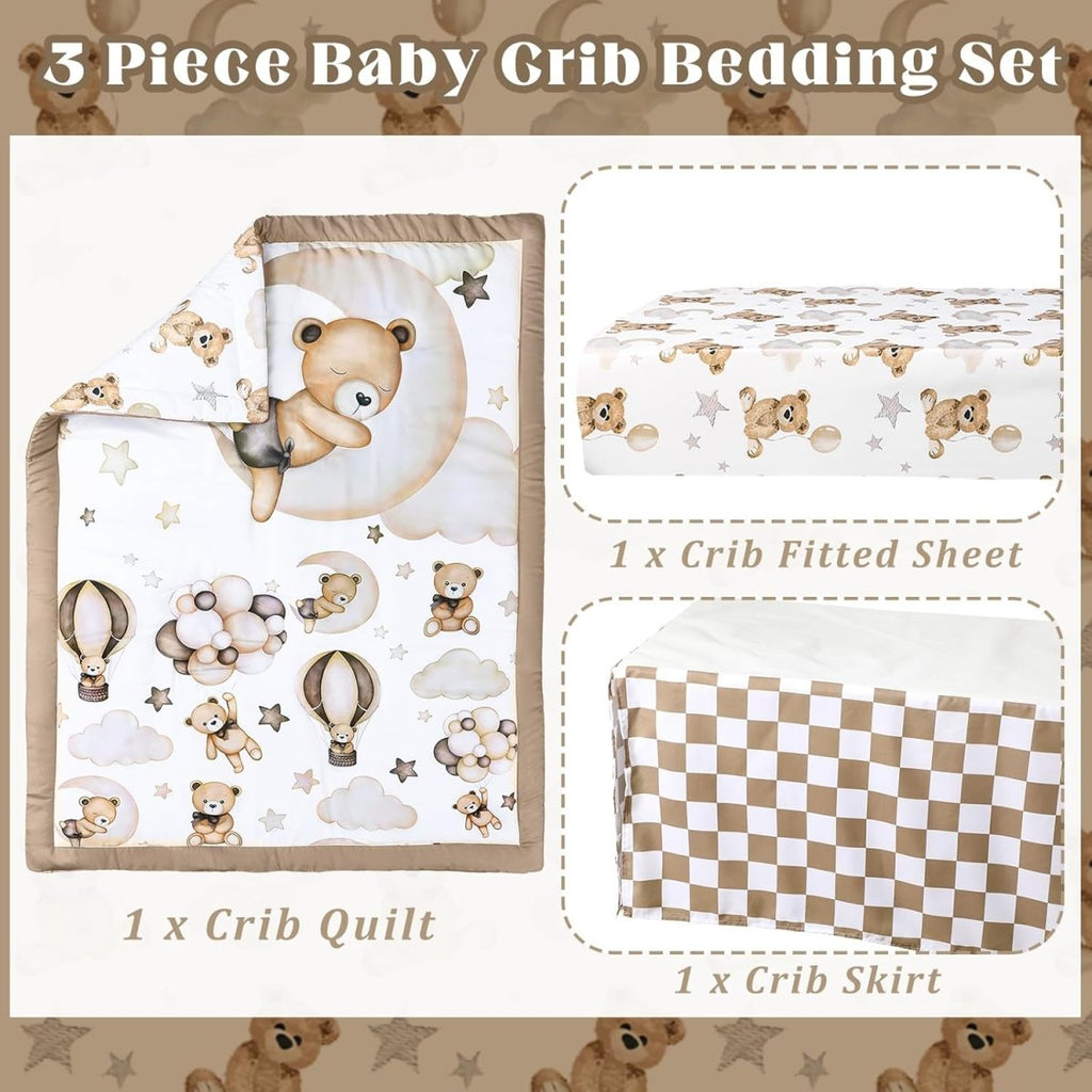 3 Pcs Baby Crib Bedding Set Safari Animals Dinosaurs Bear Woodland Animals Jungle Crib Set Includes Quilt, Fitted Sheet, Skirt for Baby Boy Girl(Brown,Teddy Bear) - LittleTreasures