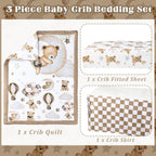 3 Pcs Baby Crib Bedding Set Safari Animals Dinosaurs Bear Woodland Animals Jungle Crib Set Includes Quilt, Fitted Sheet, Skirt for Baby Boy Girl(Brown,Teddy Bear) - LittleTreasures