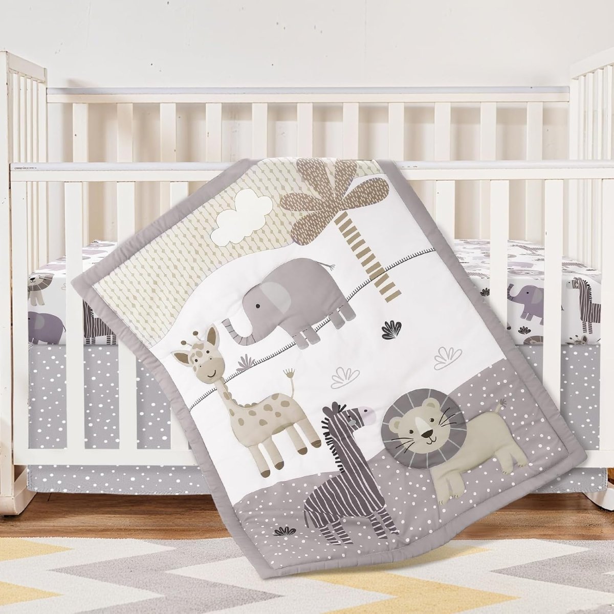 3 Pcs Baby Crib Bedding Set Safari Animals Dinosaurs Bear Woodland Animals Jungle Crib Set Includes Quilt, Fitted Sheet, Skirt for Baby Boy Girl(Brown,Teddy Bear) - LittleTreasures