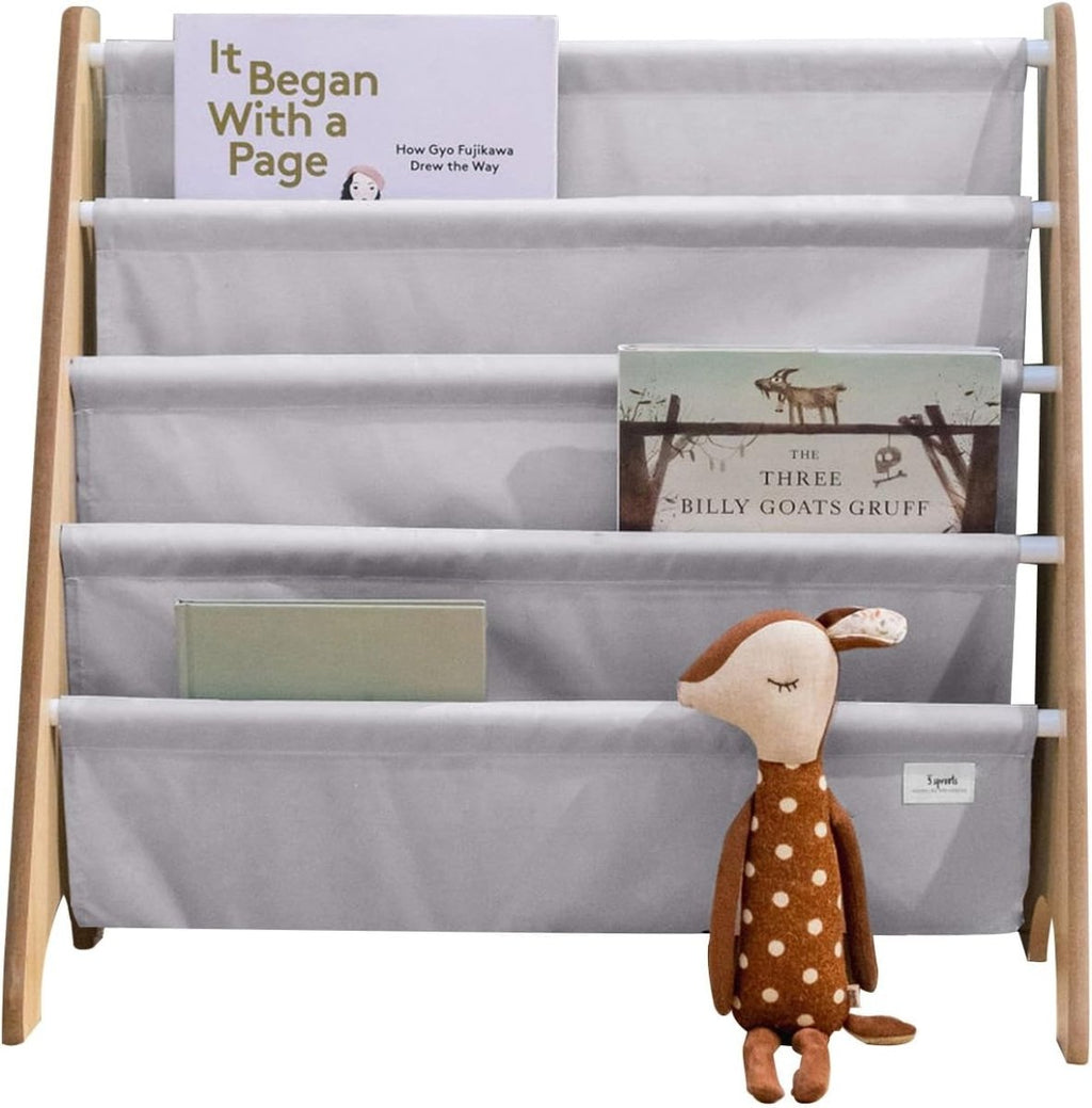 3 Sprouts Recycled Fabric Kids Bookshelf – 4 - Tier Sling Book Rack Storage - Kids Room Book Shelves, Nursery, Playroom, Classroom - Bookcase Display Shelf for Toddler, Children Age 3+ - Solid Clay - LittleTreasures
