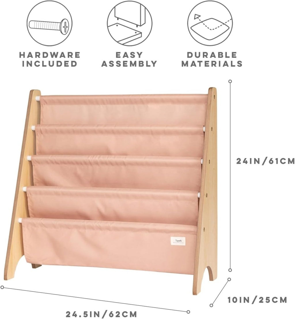 3 Sprouts Recycled Fabric Kids Bookshelf – 4 - Tier Sling Book Rack Storage - Kids Room Book Shelves, Nursery, Playroom, Classroom - Bookcase Display Shelf for Toddler, Children Age 3+ - Solid Clay - LittleTreasures