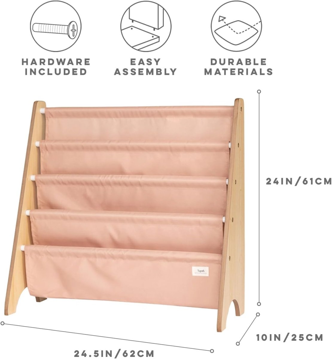 3 Sprouts Recycled Fabric Kids Bookshelf – 4 - Tier Sling Book Rack Storage - Kids Room Book Shelves, Nursery, Playroom, Classroom - Bookcase Display Shelf for Toddler, Children Age 3+ - Solid Clay - LittleTreasures