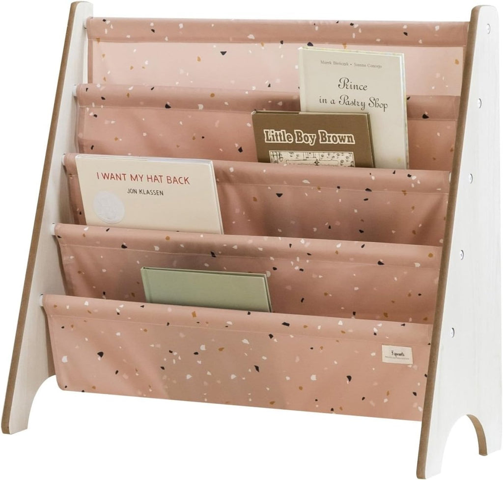 3 Sprouts Recycled Fabric Kids Bookshelf – 4 - Tier Sling Book Rack Storage - Kids Room Book Shelves, Nursery, Playroom, Classroom - Bookcase Display Shelf for Toddler, Children Age 3+ - Solid Clay - LittleTreasures