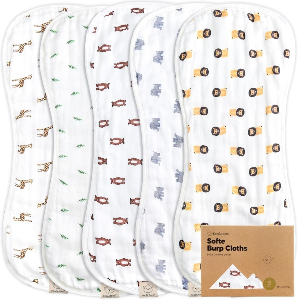 5 - Pack Muslin Burp Cloths Baby Boy, Girl - Very Absorbent Baby Burp Cloth Rags, 8 - Layers Viscose Derived from Bamboo Cotton Muslin Towel, Super Soft Spit Up Rags, No Shrink Washcloths (The Wild) - LittleTreasures