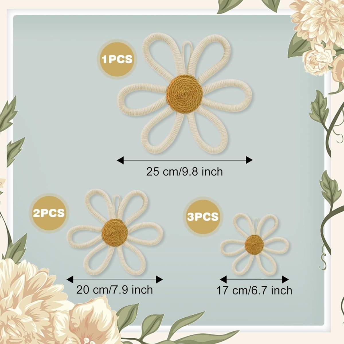 6 Pcs Boho Nursery Daisy Wall Decor, Woven Flowers Wall Hanging Art, Beige White Boho Floral Room Decor with Lanyard for Office, Toddler Baby Little Girls Kids Home Bedroom Above Bed Decorations - LittleTreasures