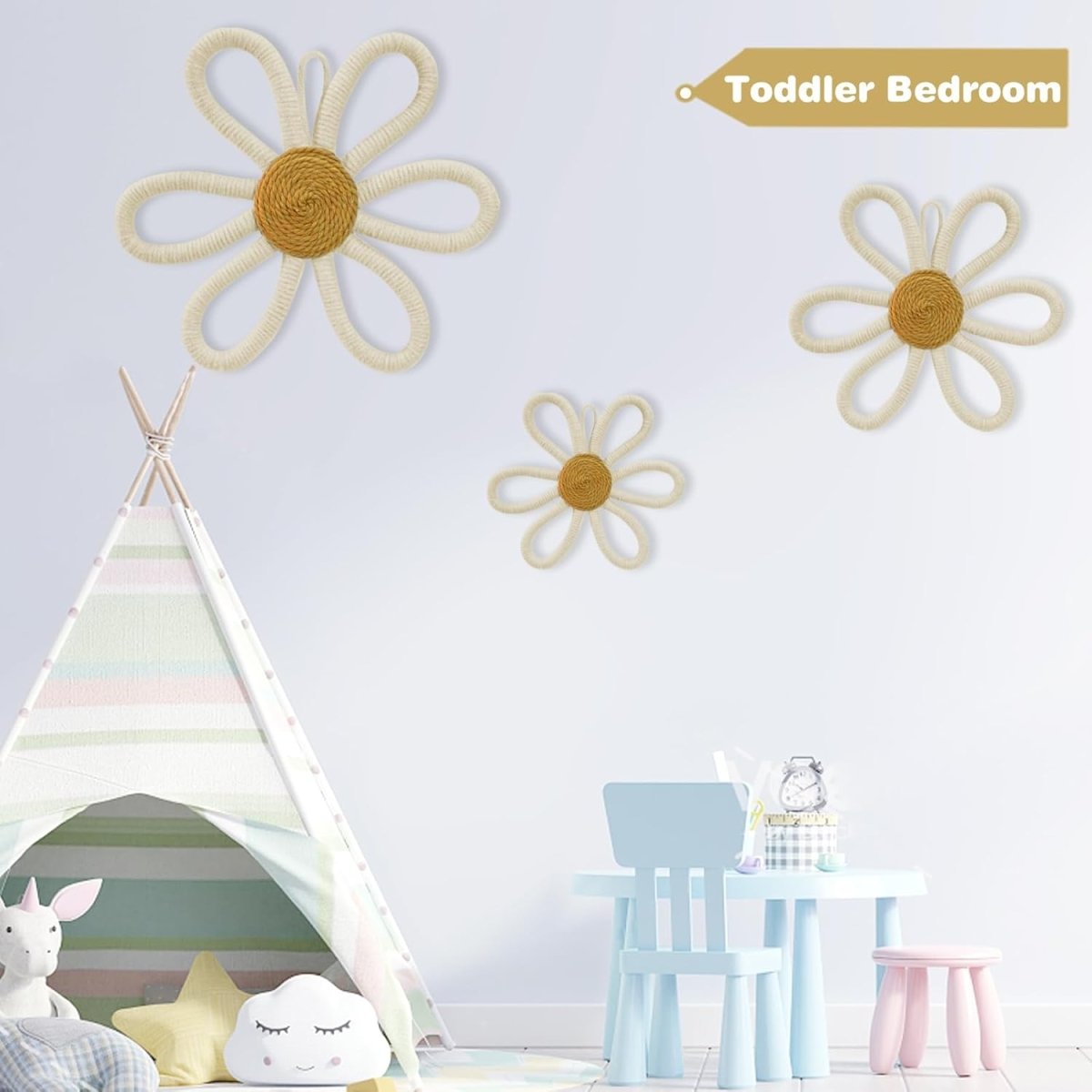 6 Pcs Boho Nursery Daisy Wall Decor, Woven Flowers Wall Hanging Art, Beige White Boho Floral Room Decor with Lanyard for Office, Toddler Baby Little Girls Kids Home Bedroom Above Bed Decorations - LittleTreasures