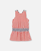 Sleeveless Seersucker Tunic Red, White, And Black