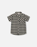 Short Sleeve Button Down Shirt Black And Beige Plaid