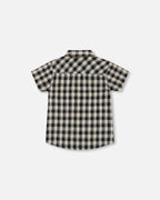 Short Sleeve Button Down Shirt Black And Beige Plaid