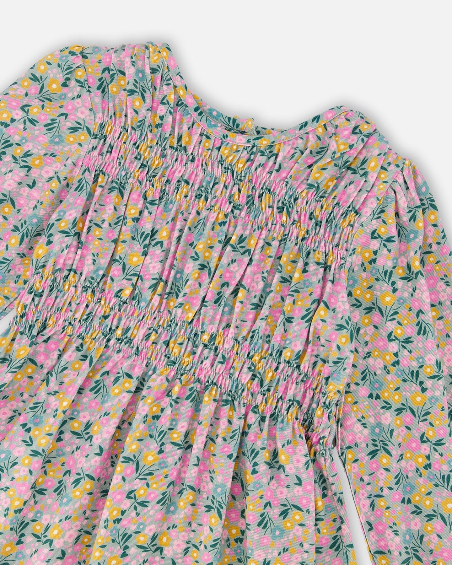 Smocked Viscose Dress Green With Floral Print