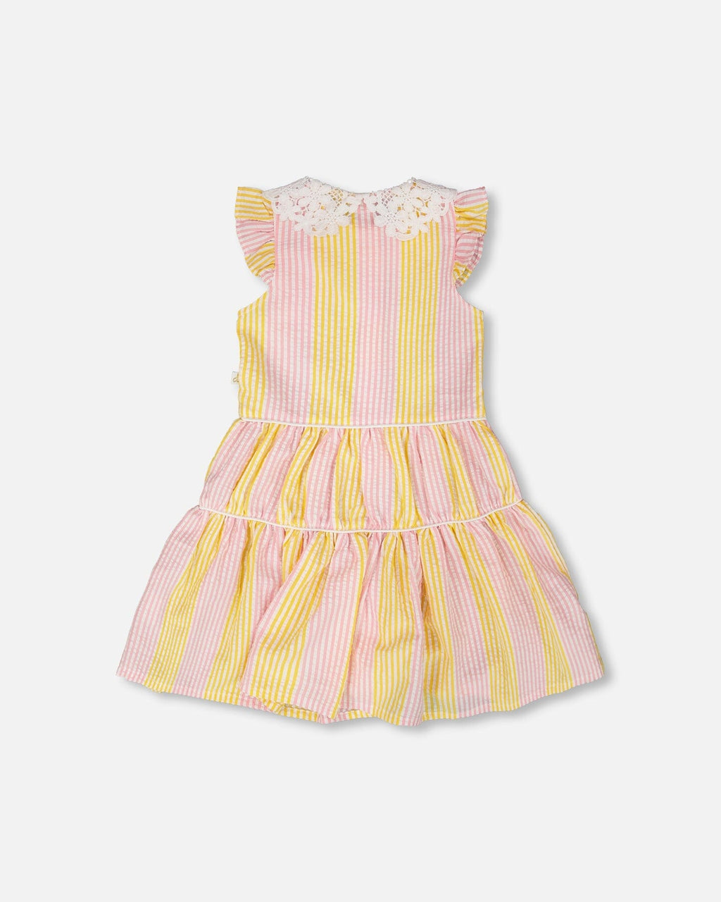 Sleeveless Dress With Crochet Peter Pan Collar Pink And Yellow Stripes