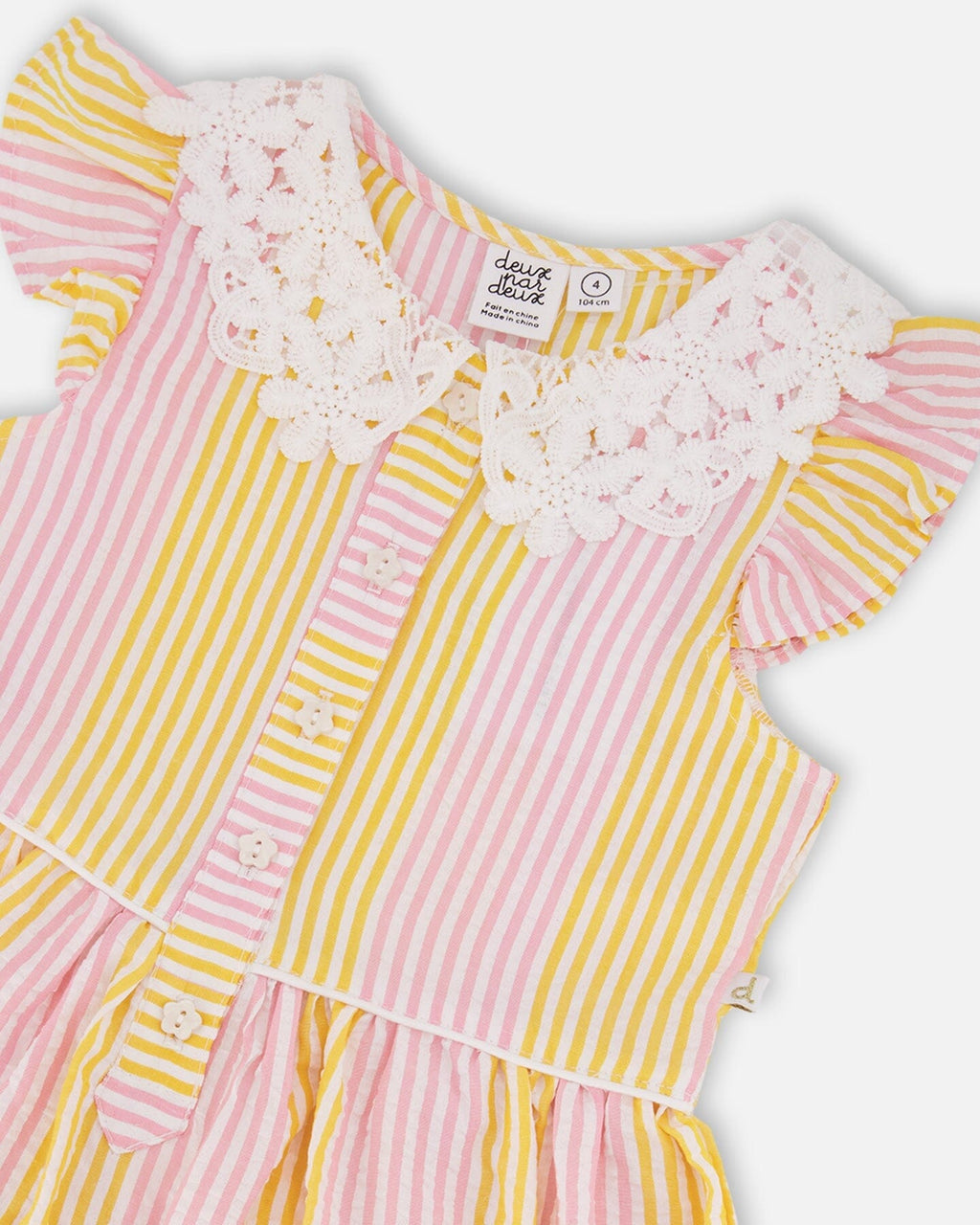 Sleeveless Dress With Crochet Peter Pan Collar Pink And Yellow Stripes