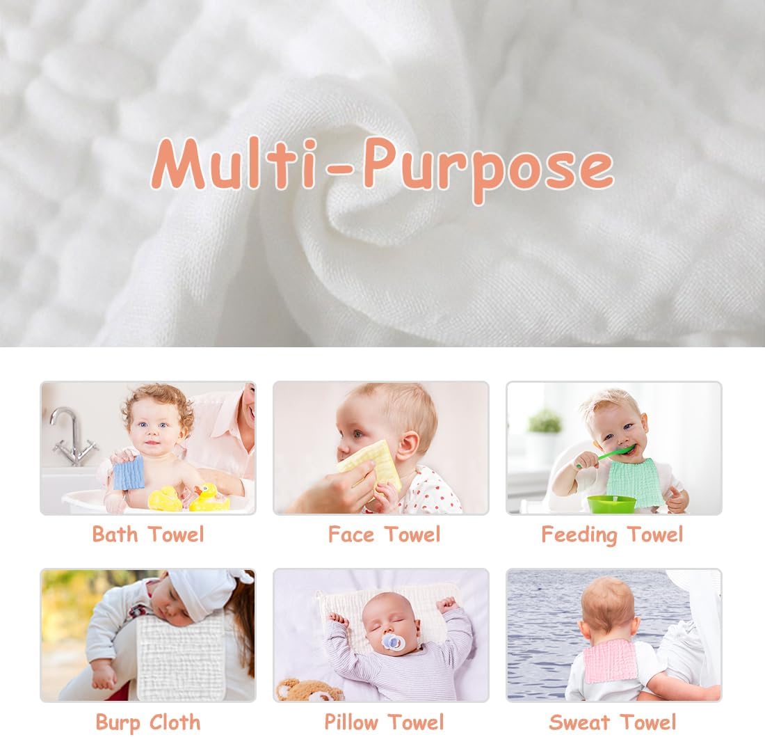 AIDEA Baby Muslin Washcloths - 10 Pack, 100% Cotton Washcloth, Newborn Essentials, Soft Baby Washcloths, Absorbent Baby Towel, Bath Face Towels, Burp Cloths, Rags for Newborn, Baby Gifts - White 10" X10" - LittleTreasures