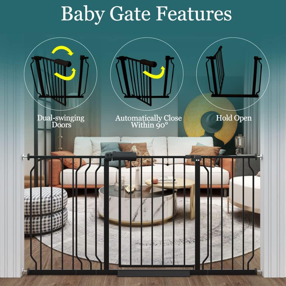 ALLAIBB 77 78 79 80 81 Inch Extra Wide Baby Gate Pressure Mount 76.38 - 81.80inch/194 - 206cm Auto Close Black Metal Child Dog Pet Safety Gates with Walk Through for Stairs,Doorways,Kitchen and Living Room - LittleTreasures