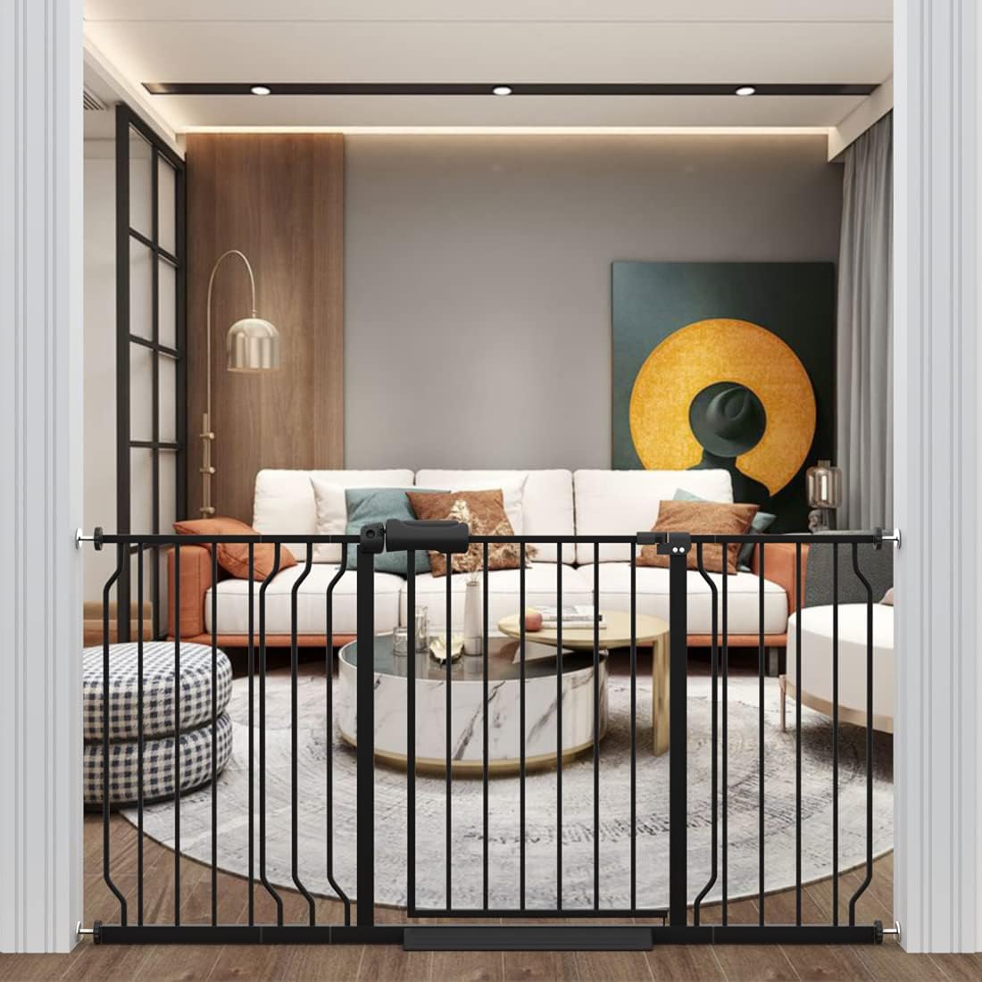 ALLAIBB 77 78 79 80 81 Inch Extra Wide Baby Gate Pressure Mount 76.38 - 81.80inch/194 - 206cm Auto Close Black Metal Child Dog Pet Safety Gates with Walk Through for Stairs,Doorways,Kitchen and Living Room - LittleTreasures