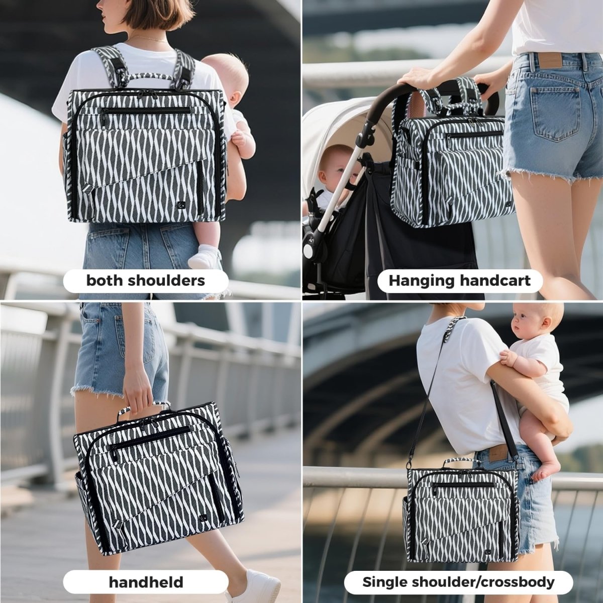 ALLCAMP Zebra Diaper Bag Large, Support Baby Stroller, Converted Into a Tote Bag, Black and White - LittleTreasures