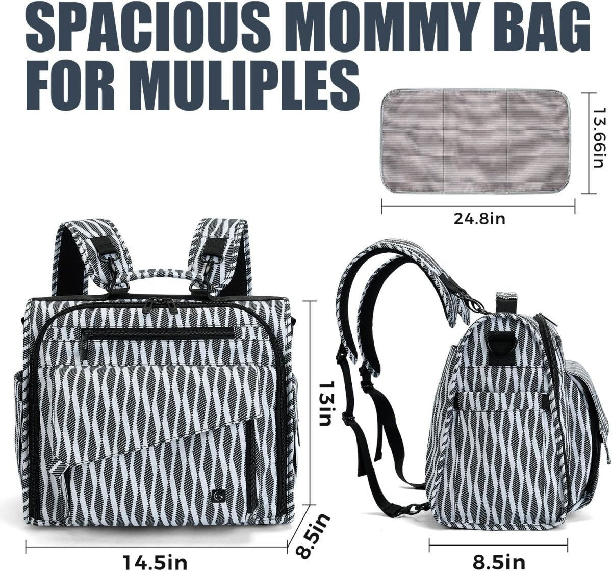 ALLCAMP Zebra Diaper Bag Large, Support Baby Stroller, Converted Into a Tote Bag, Black and White - LittleTreasures