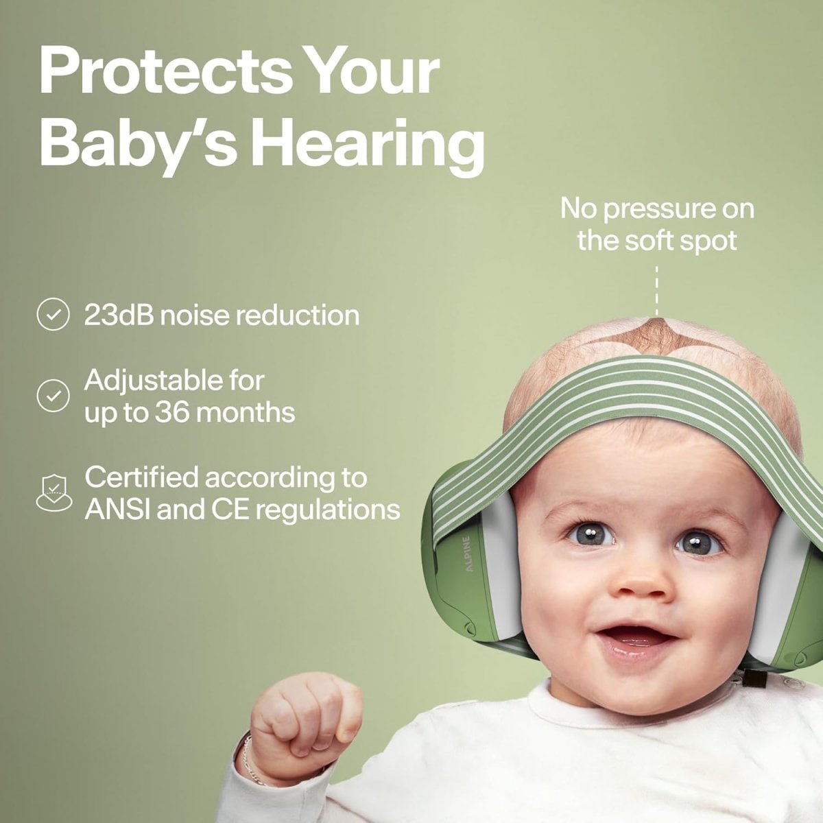 Alpine Muffy - Baby Ear Protection - CE & ANSI Certified - Soft & Comfortable Noise Cancelling Headphone up to 36 Months - Newborn Essentials Ear Muffs for Hearing Protection - Green - LittleTreasures